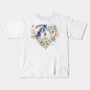 Floral Heart with Grey Horse Kids T-Shirt